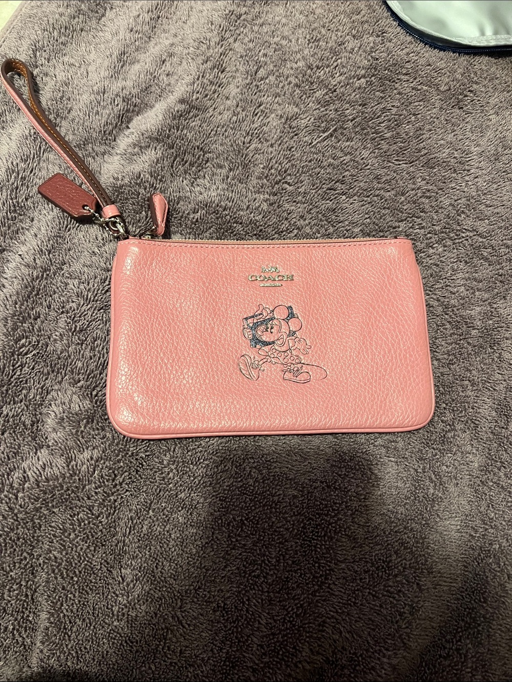 Coach Pink Pebbled Leather Wristlet with Minnie Mouse Motif